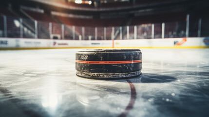 Close up hockey puck on an indoor ice rink with space for copy