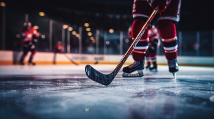 Close up of a hockey with stick on the rink in position to hit the hockey puck - obrazy, fototapety, plakaty