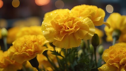 Yellow carnation flowers in a vase with bokeh background. Mother's Day Concept. Valentine's Day Concept with a Copy Space. Springtime.