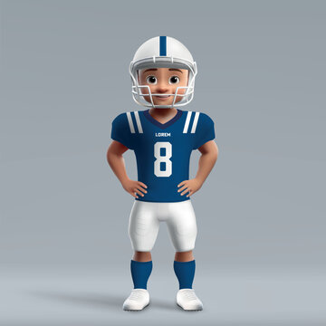3d cartoon cute young american football player in Indianapolis uniform.