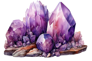 Amethyst mineral watercolor drawing isolated on PNG Background. Generative Ai.