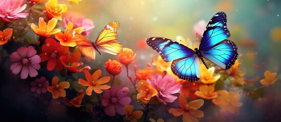 In the vibrant and colorful garden adorned with flowers and lush green foliage a butterfly fluttered gracefully amidst the magnificent display of nature s beauty