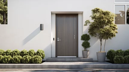 Fotobehang Modern house exterior with gray door and potted flower © Rover