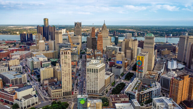 Aerial View of Detroit Skyline Facing Windsor Canada