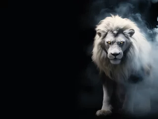 Foto op Aluminium The Lion of Judah - White albino imposing lion - Fire, smoke, ashes, embers - Fantasy Feline Lion King - Horizontal banner style - White Smoke © ana
