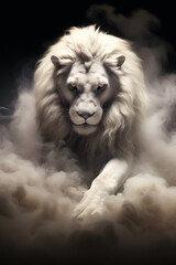 The Lion of Judah - White albino imposing lion - Fire, smoke, ashes, embers - Fantasy Feline Lion King - Walking - Glowing Eyes - obrazy, fototapety, plakaty
