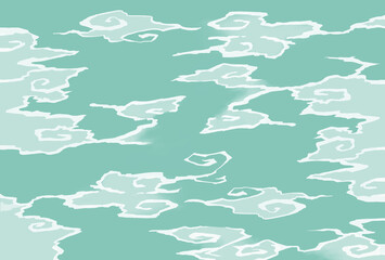 緑の空に浮かぶ和風の白い雲