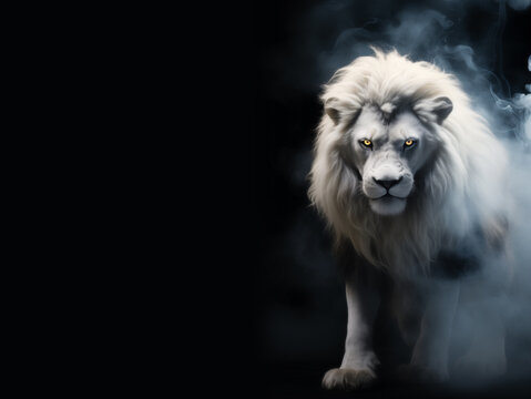 The Lion of Judah - White albino imposing lion - Fire, smoke, ashes, embers - Fantasy Feline Lion King - Horizontal banner style - White Smoke