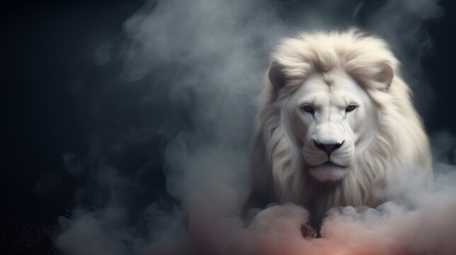 The Lion of Judah - White albino imposing lion - Fire, smoke, ashes, embers - Fantasy Feline Lion King - Horizontal Banner