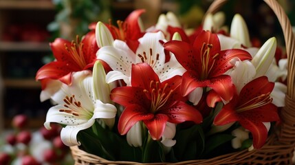 Beautiful colorful lilies in the flower shop, close-up. Mother's Day Concept. Valentine's Day Concept with a Copy Space. Springtime.