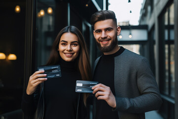 Smiling man and woman holding black bank cards in hands and looking at camera while standing outdoors. Promoting and recommending bank service for saving money.