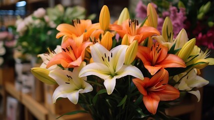 Bouquet of lilies in a flower shop. Shallow depth of field. Mother's Day Concept. Valentine's Day Concept with a Copy Space. Springtime.