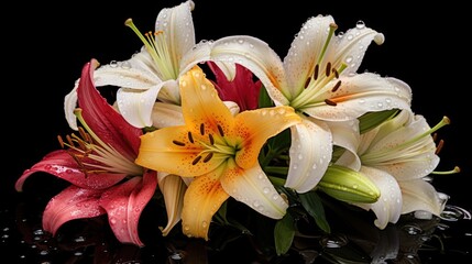 Bouquet of lilies on a black background with water drops. Mother's Day Concept. Valentine's Day Concept with a Copy Space. Springtime.