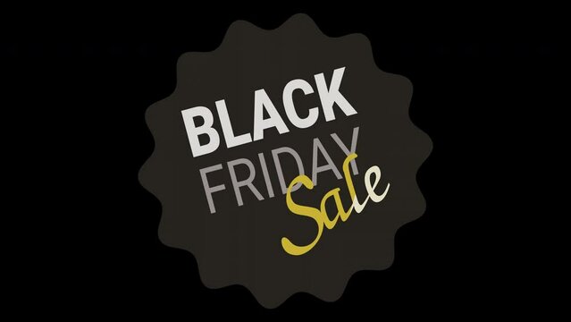 Animation of the appearance of a label with the wording "BLACK FRIDAY Sale" in the shape of a black hallmark on a green background, transparency and alpha channel in a flat style