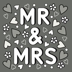 Mr and Mrs text in white on a grey background. The wedding illustration contains heart and flower confetti floating down.around the word art. 
