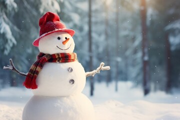 Fototapeta premium A snowman, adorned with a scarf and hat, placed against the enchanting backdrop of a snowy forest landscape, copy space