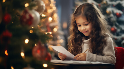 Little girl writing a letter to Santa Claus. Christmas concept representing children's dreams and wishes. Blurred background with Christmas tree.