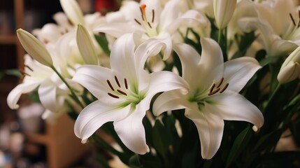 White lilies in a wicker basket on a shelf in a flower shop. Mother's Day Concept. Valentine's Day Concept with a Copy Space. Springtime.