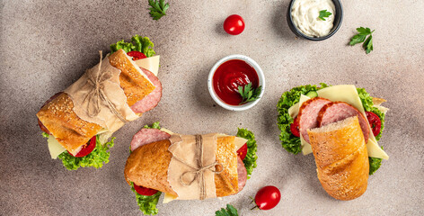 delicious baguette sandwiches with bacon, cheddar cheese, lettuce and vegetables. Long banner format. top view. copy space for text