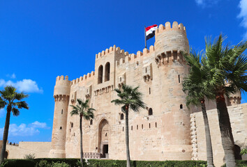Citadel of Qaitbay (15th-century fort), Alexandria, Egypt, North Africa. Famous landmark Fort of Qaitbay (Bey Citadel), defensive fortress located on Mediterranean sea coast