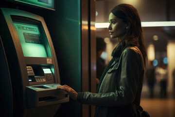 Young beautiful woman withdrawing money from credit card on atm or buying a ticket for public transport. Standing in front of atm machine. - obrazy, fototapety, plakaty