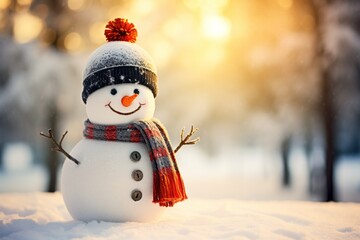 A snowman adorned with a scarf and hat, set against the backdrop of a beautiful snowy landscape, with ample copy space