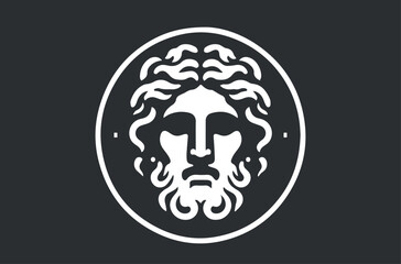 The face of a Greek god. White on black background. Icon, logo, emblem - obrazy, fototapety, plakaty