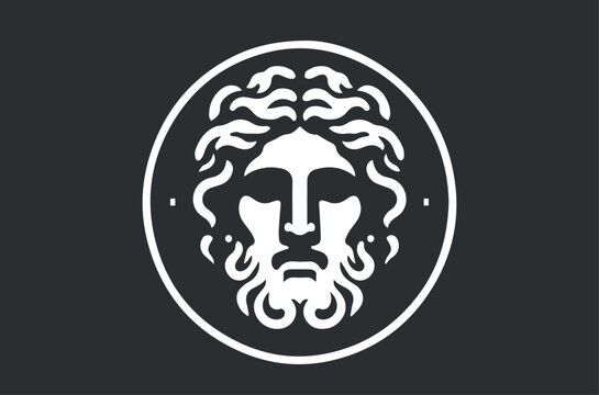 The face of a Greek god. White on black background. Icon, logo, emblem