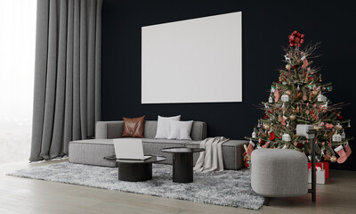 Big christmas tree decorated with beautiful living room and many different presents on wooden floor. Empty canvas frame on blue wall background. 3d render.
