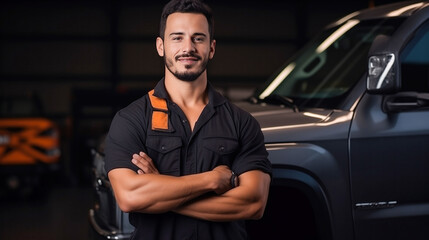 Portrait of a Handsome Mechanic in a Car Service. Professional Repairman is Wearing uniform and working at automobile plant. Modern Clean Workshop, Car detailing, Car care maintenance and servicing