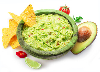 Guacamole sauce and tortilla chips, popular Mexican food  top view on white background.