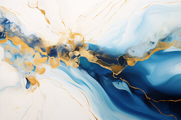 Abstract Blue and Gold Oil Painting with High Textured Marble Background