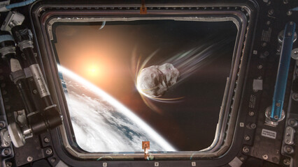 Earth planet and asteroid in spaceship porthole. Meteorite at the Earth planet orbit. Science fiction art. Elements of this image furnished by NASA.