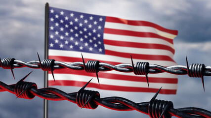 USA flag behind barbed wire. National symbol of USA. State border. Barbed hole is metaphor for border between USA and mexico. Metal cord with spikes to prevent illegal entry. 3d image - obrazy, fototapety, plakaty