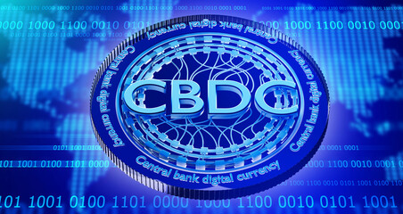 CBDC finance. Central bank digital currency. Introduction of national blockchain money. Crypto economy. CBDC investments. Exchange of fiat money to CBDC concept. Electronic government money. 3d image
