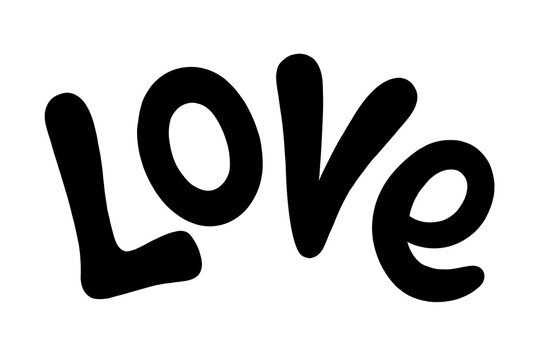 Love text illustration in a quirky modern style. This word art has been drawn in a happy, fun black text on a white background. The letters are randomly positioned to give the image a lot of movement.