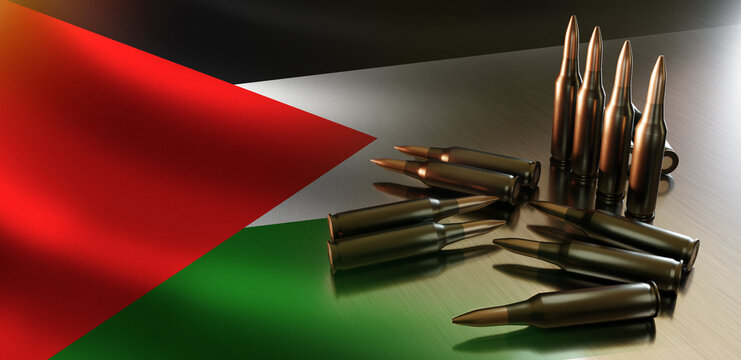 Gun cartridges on Palestine flag. Ammunition for Palestine army. Machine gun cartridges. Ammunition for large caliber weapons. Concept for supplying ammunition to Palestine army. 3d image