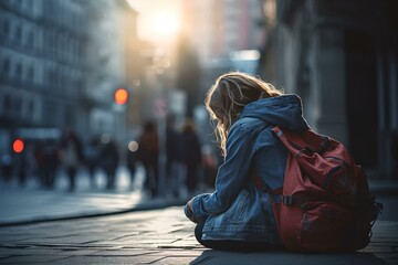 Hilfloser Blick: Obdachlose Person in der Kälte der Straße – Beitragsbild zur sozialen Problematik - obrazy, fototapety, plakaty