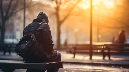 Grauer Alltag: Obdachlose Person in der Kälte der Stadt – Beitragsbild - obrazy, fototapety, plakaty