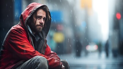 Verlorene Hoffnung: Traurige Obdachlose in der Kälte – Beitragsbild für soziales Bewusstsein - obrazy, fototapety, plakaty