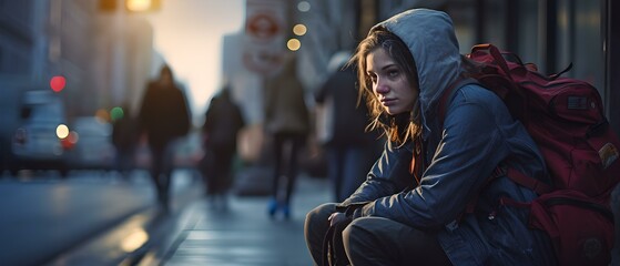 Einsam in der Kälte: Obdachlose Person auf der Straße – Beitragsbild zur sozialen Realität - obrazy, fototapety, plakaty