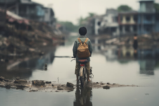 Resilient Childhood: Young Boy on Bicycle Amidst Aftermath of Flooding