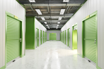 Warehouse interior. Storage space. Warehouse corridor with closed containers. Storage space rental...