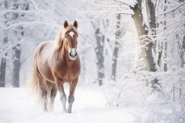 Obraz premium A horse in the snow. A sturdy equine in a forest covered with pristine snow, creating a winter background