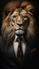 Fashionable antropomorphic portrait of lion. Lion in business suit. Dark background.