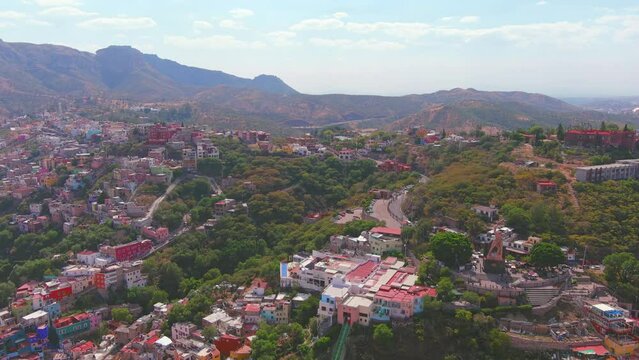 Mexico, Guanajuato: Aerial view of capital city of Mexican state of same name, Monumento al Pipila - landscape panorama of Latin America from above