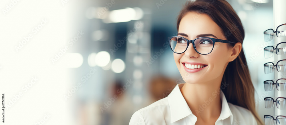 Wall mural happy customer with a smile chooses eyeglasses in optics store banner. eye care. young pretty woman 