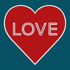 Love heart design on a teal background. This bold graphic design contains white outlines and bold line art love text. Reminiscent of old fashioned love heart sweets. Love word art.