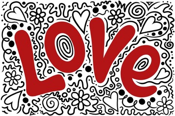 Red love text writing drawn in a quirky modern style. The word is surrounded by quirky, black and white squiggles, shapes and line work, a trendy, young vibe. A fun, cartoon, graffiti style image. 