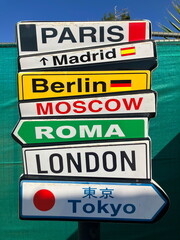 Tourist signs. Various travel destinations - Tokyo, Paris, Belin, Rome, London, Madrid. European capitals - Arrows with city names